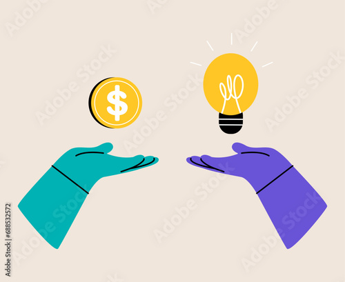 Hands giving money dollar coin to new business idea light bulb. Colorful vector illustration