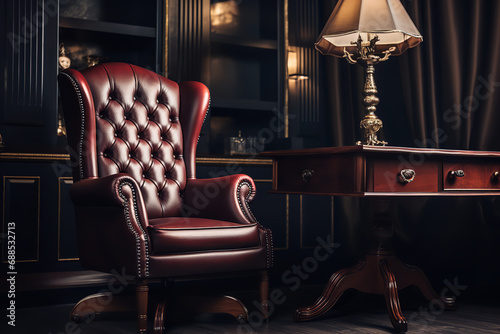  An image of a traditional executive leather chair in a law firm, exuding classic prestige and professional elegance, perfectly paired with a mahogany desk and sophisticated office decor.
 photo
