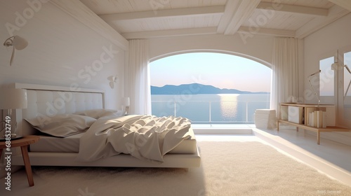 modern bedroom with sea view from the window © andri