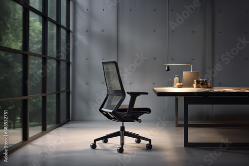 Sleek mesh chair in a minimalist architect's studio photo