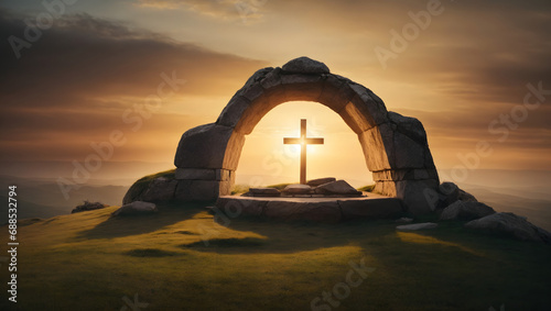 Illustration of an empty tomb set against a radiant sunrise, flanked by three crosses on a hill, symbolizing the resurrection concept and spiritual rebirth.