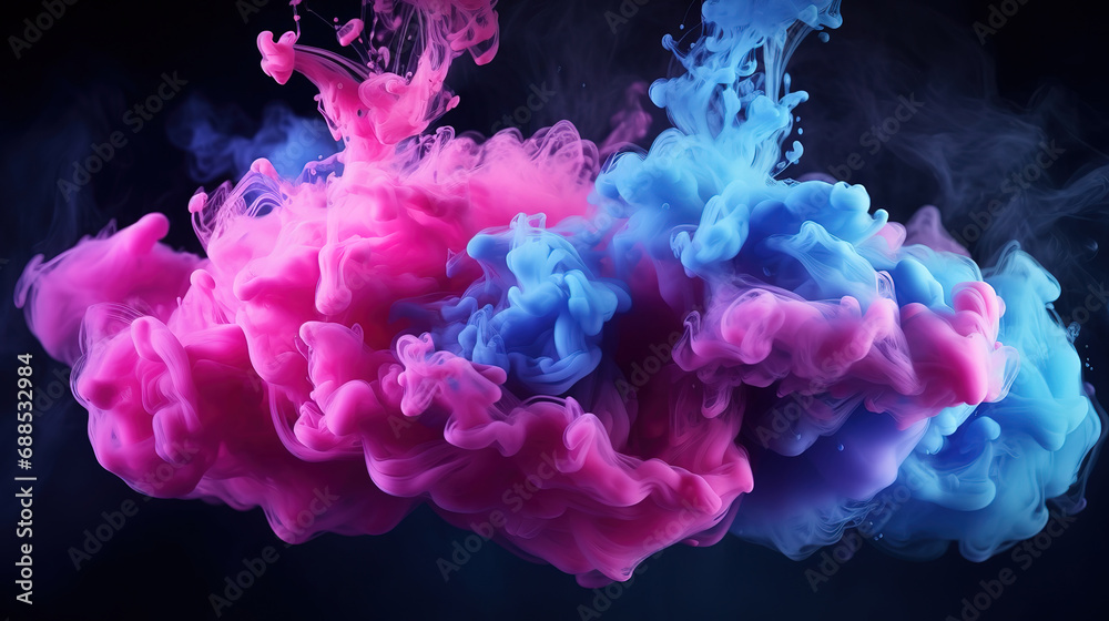 Paint water, Color mist, Magic spell mystery, Blue pink contrast vapor floating splash cloud