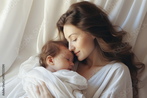 Young mom and her cute baby sleeping in bed. Loving mom hugging of her new born baby at home. Generative Ai.