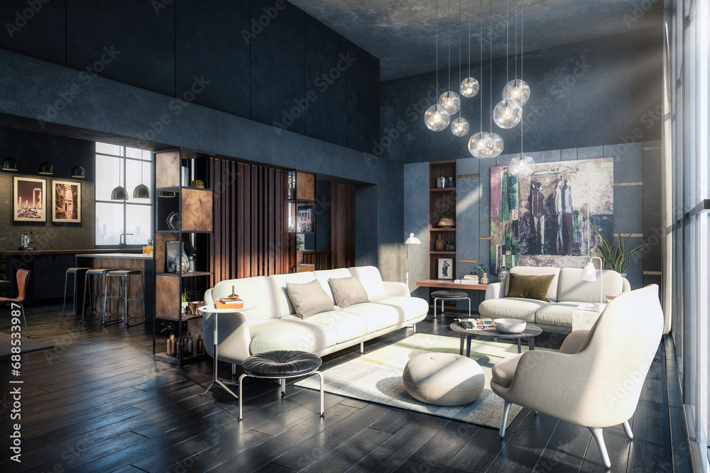 Furnishing Inside a Modern Style Penthouse Loft - 3D Visualization