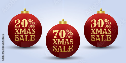 Xmas sale design with 3d Christmas ball. 20, 30, 70 percent price off label, icon or tag. Winter holiday banner, background, promotion poster, promo card or flyer template. Vector illustration.