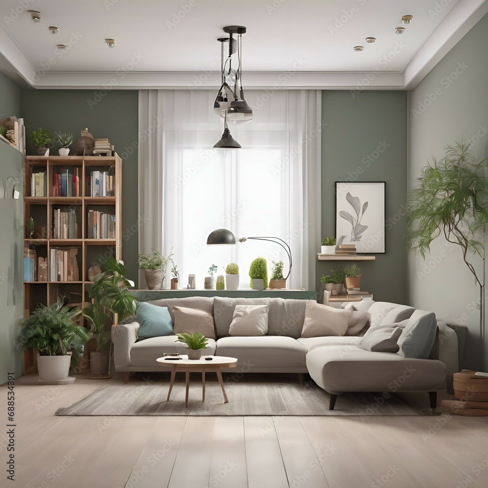 Fototapeta premium Contemporary Comfort Living Room Mock Up With Stylish Furniture And White Wall Canvas Texture 3d Render Background 