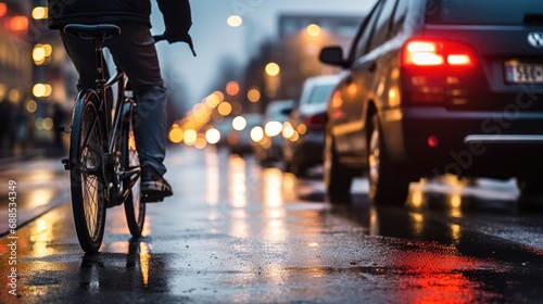 A person riding a bike down a wet street.