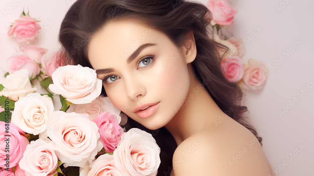 Closeup face of young beautiful woman with a healthy clean skin. Beautiful woman with flowers. Pretty woman with bright makeup.
Closeup face of young beautiful woman with a healthy clean skin. Beautiful woman with flowers. Pretty woman with bright makeup.