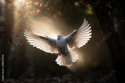Photo of a white dove with a silhouette light background behind. Holy spirit photography