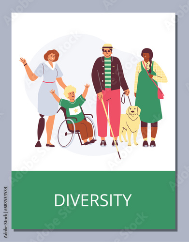 Cartoon opportunities, inclusion and diversity disabled people vector poster, blindness, prostheses, boy in a wheelchair