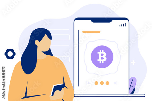 Woman and mobile phone with crypto exchange app and bitcoin sign on screen, flat vector illustration.