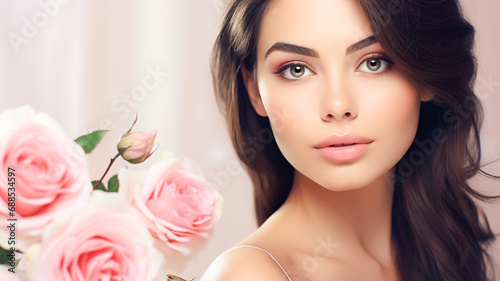 Closeup face of young beautiful woman with a healthy clean skin. Beautiful woman with flowers.   