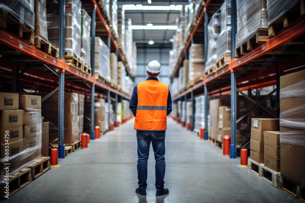 A man in an orange vest standing in a warehouse.