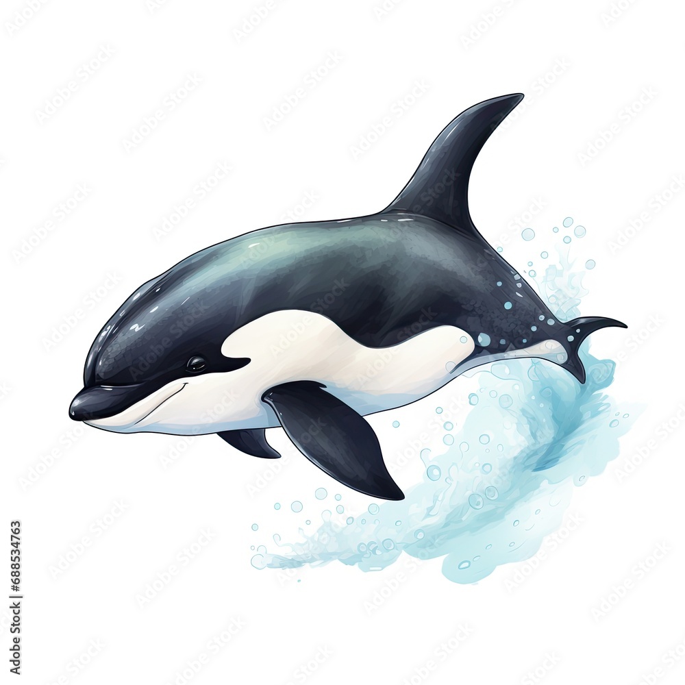 Obraz premium Fun watercolor paintings of smiling dolphins and orcas.