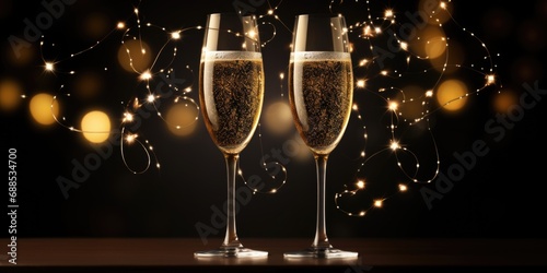Two glasses of champagne with sparkling lights in the background.