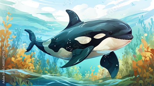 Fun watercolor paintings of smiling dolphins and orcas.