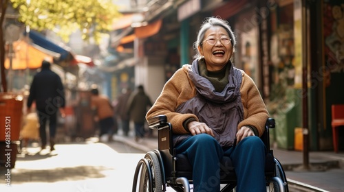 Happy Asian elderly woman with leg disability in wheelchair, moving freely in the city, leading an active lifestyle, high quality photo