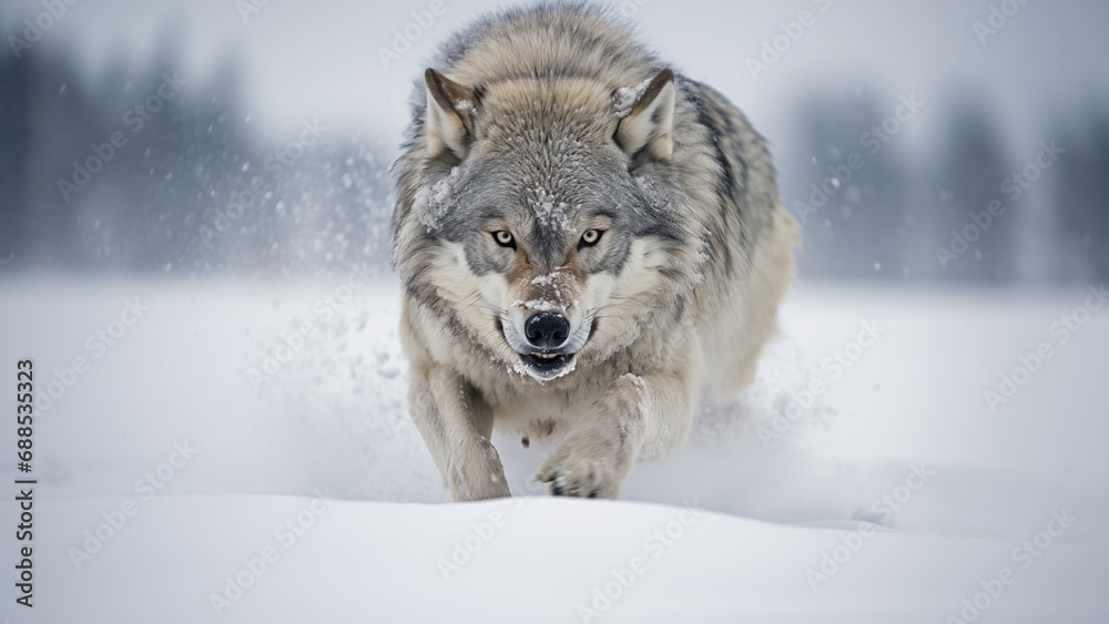 Naklejka premium Arctic gray wolf lunging for its prey