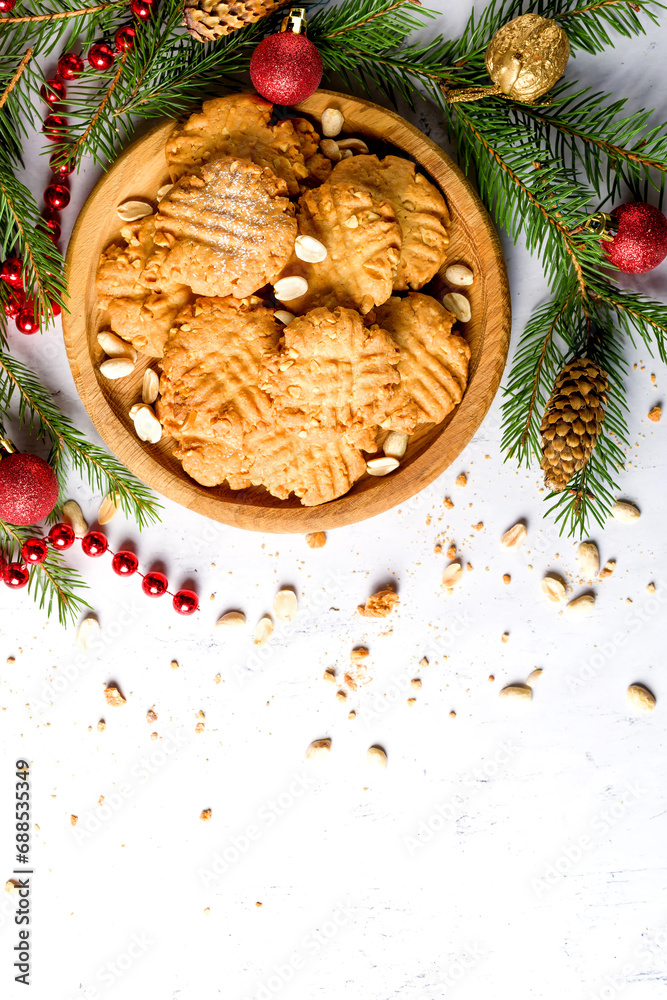 Peanut round cookies. Delicious sweets for Christmas. Festive cookies for the new year. Flat lay. Copy space for text Peanut round cookies. Delicious sweets for Christmas. Festive cookies for the new year. Flat lay. Copy space for text