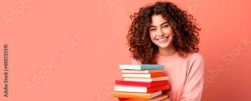 Smiling happy girl holding a stack of books, against a vibrant background, horizontal banner, educationn and world book day concept photo