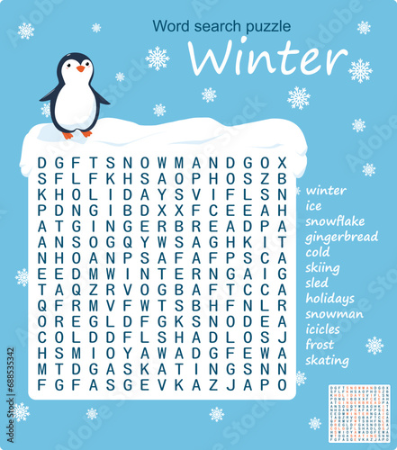 Winter word search puzzle. Game for learning English.  
With a solution photo