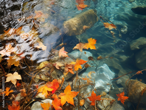 Dry autumn yellow and orange leaves float in clear water