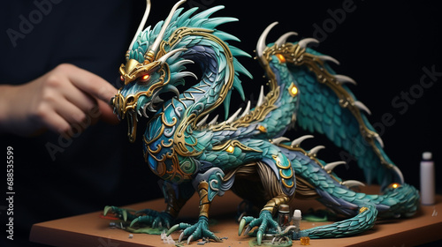 Unusual decorations in the form of a dragon for the New Year tree. Good quality and bright colors. Year of the Dragon. Beautiful background.