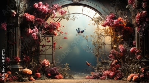 Enchanting Forest Wallpaper. Nature-inspired Landscape with Arch, Plants, Birds, and Butterflies for Interior Murals