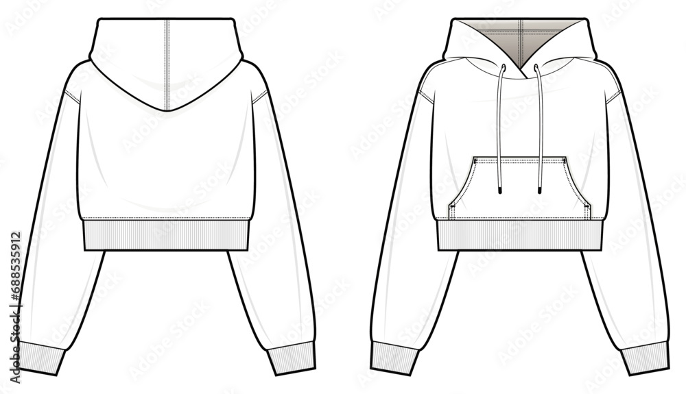 Crop Hoodie with kangaroo pocket technical fashion illustration. hoodie