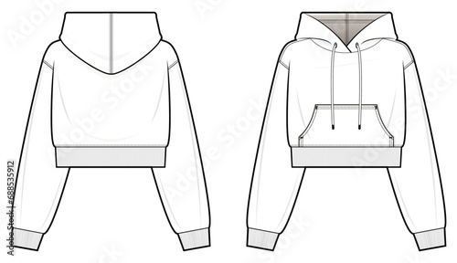 Crop Hoodie with kangaroo pocket technical fashion illustration. hoodie vector template illustration. front and back view. Crop. drop shoulder. unisex. white colour. CAD mockup.