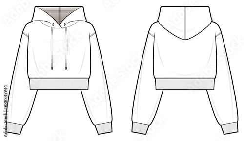 Crop Hoodie technical fashion illustration. hoodie vector template illustration. front and back view. Crop. drop shoulder. unisex. white colour. CAD mockup. photo