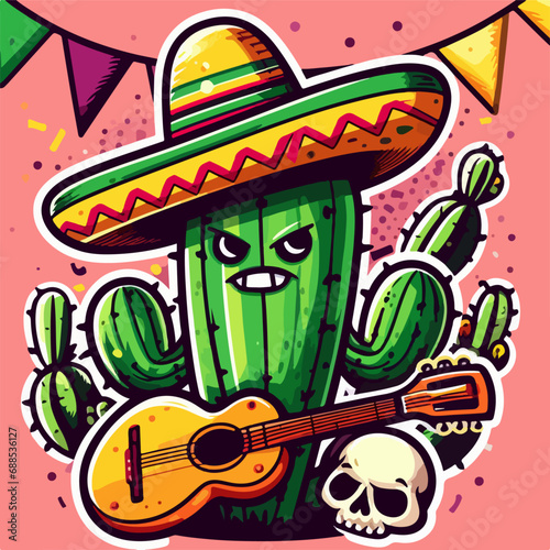 cartoon illustration of mexican Cactus playing guitar  Mexican Cactus Playing Guitar Illustration. Generative Ai