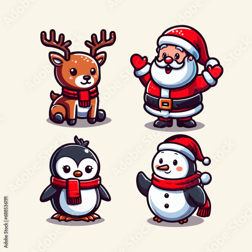 Cute santa claus with reindeer and Cute penguin playing with penguin. Cute christmas Friends cartoon illustration. Generative Ai © Shahzil