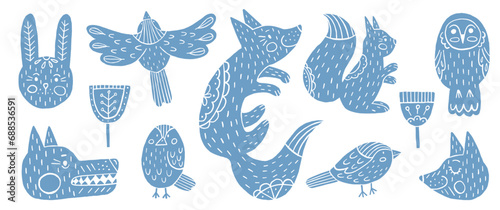 Vector set of animals and birds in Scandinavian style. Blue silhouettes of forest animals with Scandi ornaments.