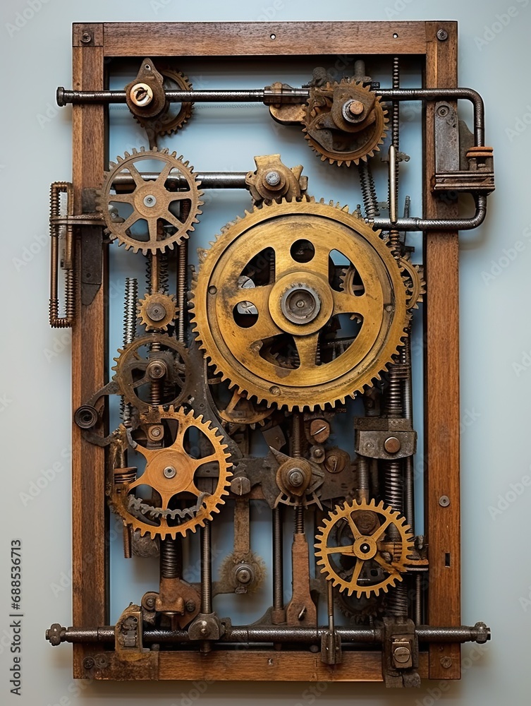 Fototapeta premium Functional Display: Unique Mechanical Wall Art with Gears, Levers, and Springs