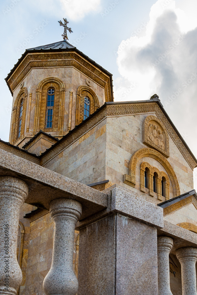 travel to Georgia - tower of Holy Trinity Church on Sameba hill in Batumi city on cloudy autumn day