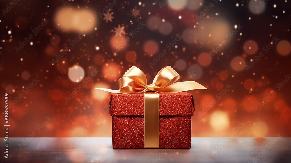 Christmas red gift box and golden decorations on lights bokeh background, Happy New Year and Christmas Greeting Cards, Holidays background, generative ai