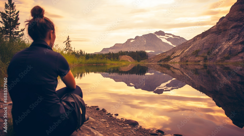 Obraz premium berg, landschaft, frau, natur, himmel, anreisen, anblick, berg, touristen, leute, see, wasser, hills, sommer, wandern, abendrot, rucksack, gipfel, sitzen, park, cloud, junge, anschauen, person