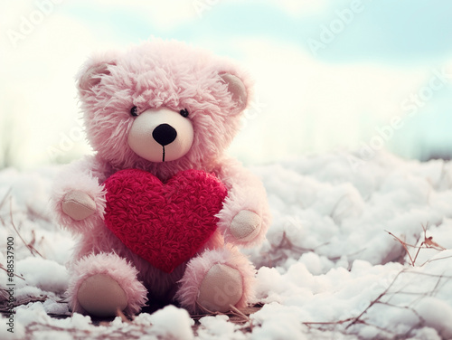 A soft toy pink fluffy bear holding a red heart
