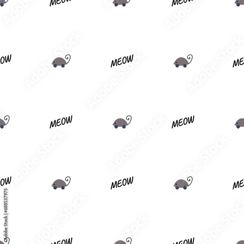 Hand drawn vector seamless pattern of funny cartoon mouse toy and meow