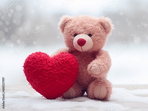 A soft toy pink fluffy bear holding a red heart