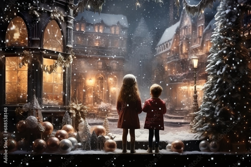 children looking a window of a christmas shop on christmas day children looking a window of a christmas shop on christmas day