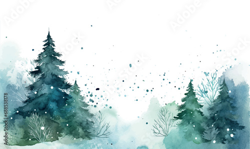 watercolor winter forest landscape with snow, background for desing