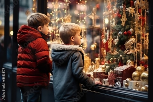 children looking a window of a christmas shop on christmas day © jakapong