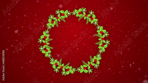 Christmas wreath 2D Animation. Round floral frame with decoration