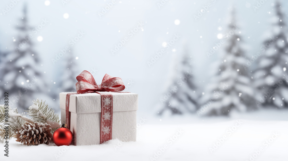 Christmas holiday background with gift and decorations on snow with fir branches on bokeh winter background, Merry Xmas concept, generative ai Christmas holiday background with gift and decorations on snow with fir branches on bokeh winter background, Merry Xmas concept, generative ai