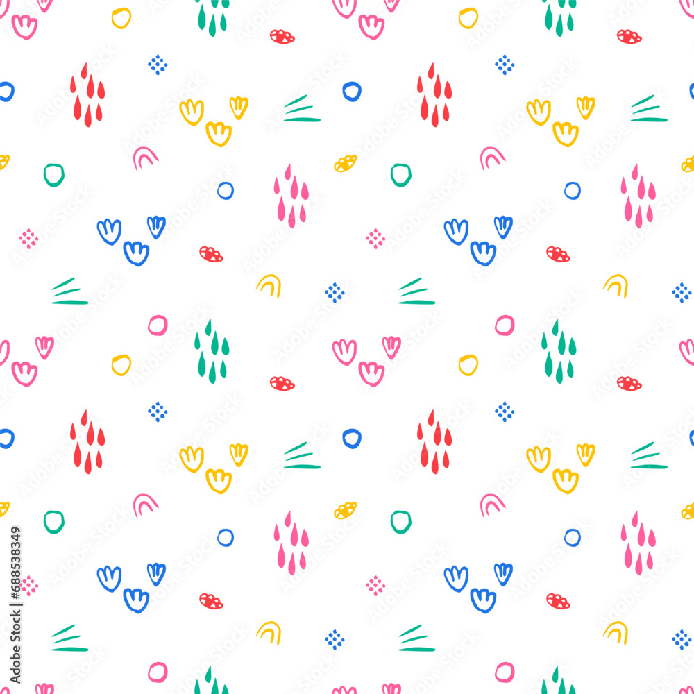 Hand drawn quirky doodles, naive childish sketch drawing scribbles seamless pattern. Colorful creative various shapes elements wallpaper. Creative repeatable background
