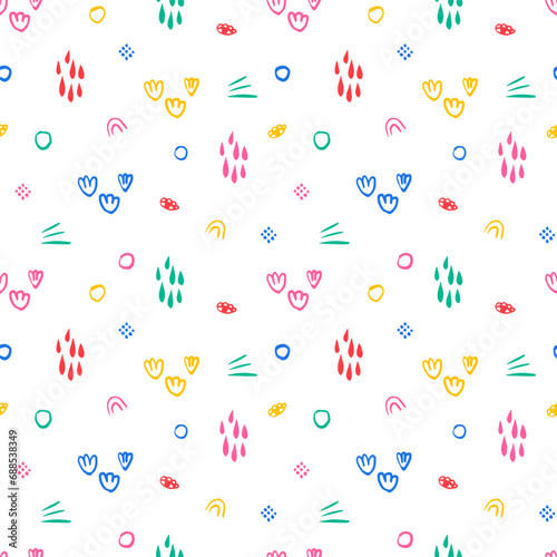 Hand drawn quirky doodles, naive childish sketch drawing scribbles seamless pattern. Colorful creative various shapes elements wallpaper. Creative repeatable background