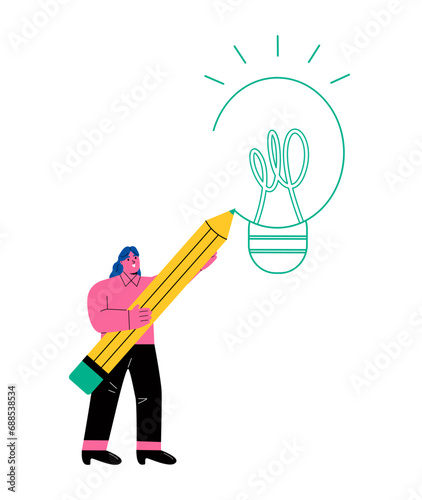 Business woman holding pencil drawing new light bulb. Thinking process concept. Flat vector illustration isolated on white background