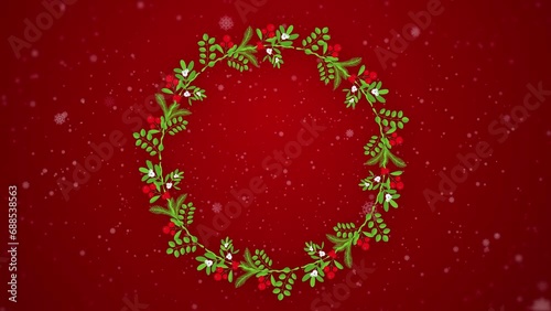 Christmas wreath 2D Animation. Round floral frame with decoration